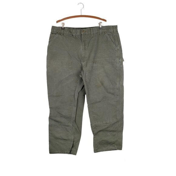 Carhartt Double Knee Work Pants B136 MOS USA Made Green Duck Canvas Size 44 x 30